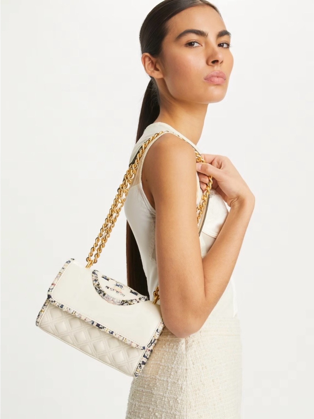 Tory Burch Small Fleming Tweed Border Convertible Shoulder Bag